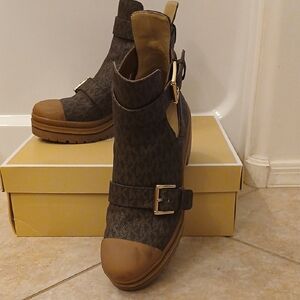MICHAEL Michael Kors Monogram Ankle Boots with Gold Buckle